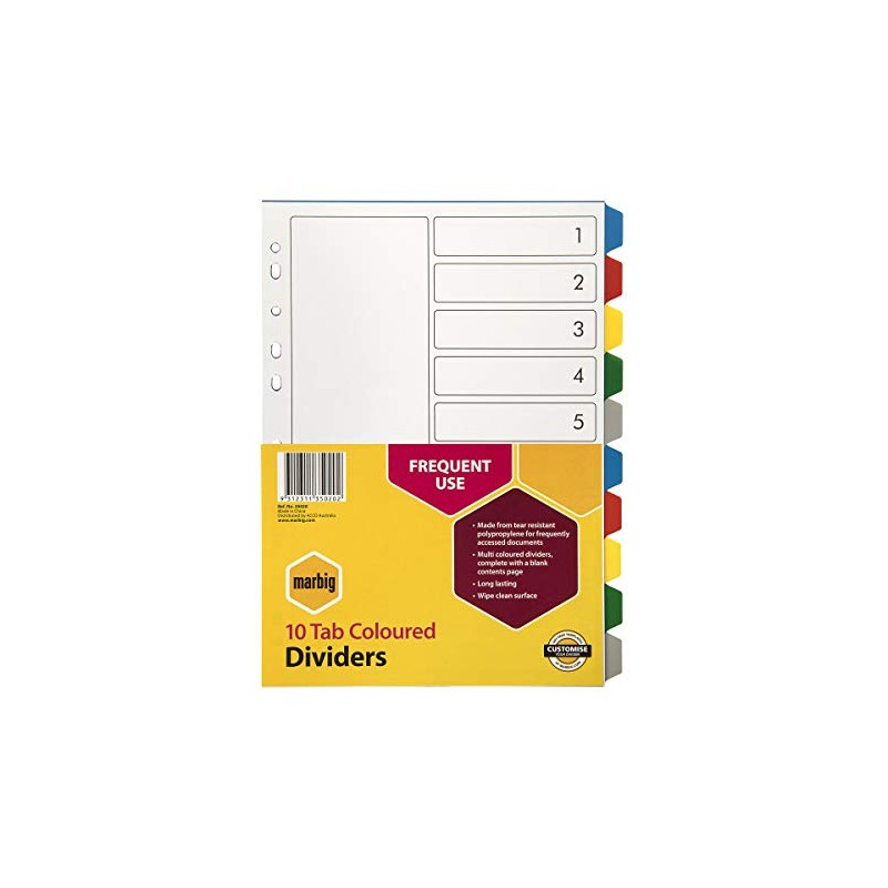 Marbig 35020 Dividers PP A4 Coloured 10 Tab White