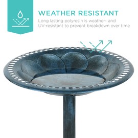 Best Choice Products 28in Pedestal Bird Bath, Vintage Outdoor Resin Accent Decoration w/Fleur-de-Lis Accents - Peacock Blue