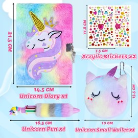 GROFIS Set of 4 Unicorn Plush Diary with Lock, 160 Pages Double-Sided Notebook A5 Lined, Secret Journal with Unicorn Purse, Pen, Stickers, Gifts for Girls Children