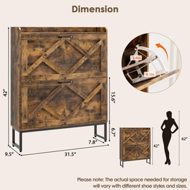 Nicetree Shoe Cabinet with 2 Flip Drawers, Freestanding Shoe Organizer with Metal Legs, Narrow Shoe Rack Cabinet, Farmhouse Slim Shoe Storage Cabinet for Entryway, Foyer, Hallway, Rustic Brown