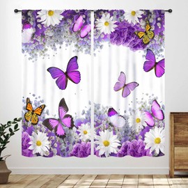 Cortinas de mariposa florales, margaritas florales, tratamientos botánicos para ventanas paisajísticas, paisajes, paisajes, bohemio, naturaleza, recámara, sala de estar, 2 paneles, 42 x 63 pulgadas