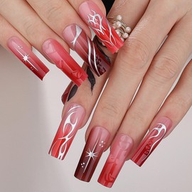 MqpQ Chrome Gel Liner Swirls Press on Nails Ombre Red Long Square Christmas Fake Nails 3d Heart-shaped Design Acrylic Nails 24pcs Glossy Full Cover False Nails