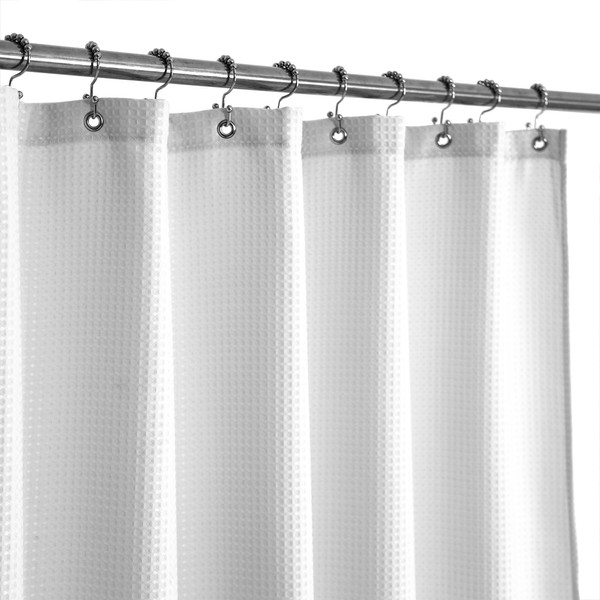 Barossa Design Waffle Weave White Shower Curtain Hotel Luxury Quality, Fabric Shower Curtains for Bathroom, Pique Pattern Cloth, Water Repellent and Machine Washable, Standard Size 72" x 72"