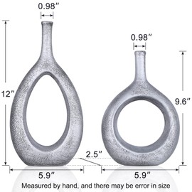 Vintage Silver Ceramic Vase Set 2,Modern Hollow Circle with Hole Flower Vase for Home Decor,for Table Centerpieces,Farmhouse,Fire Place,Living Room,Bedroom,Office,Bookshelf,Rustic Decor