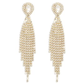 Mintolex Boho Dainty Waterdrop Long Tassel Earrings for Women Sparkling Rhinestone Crystal Setting Womens Fringe Teardrop Earrings Dangling Waterfall Chandelier Dangle Earrings Ladies Jewelry Gifts for Party Prom Statement Wedding Bridal Earrings Gold