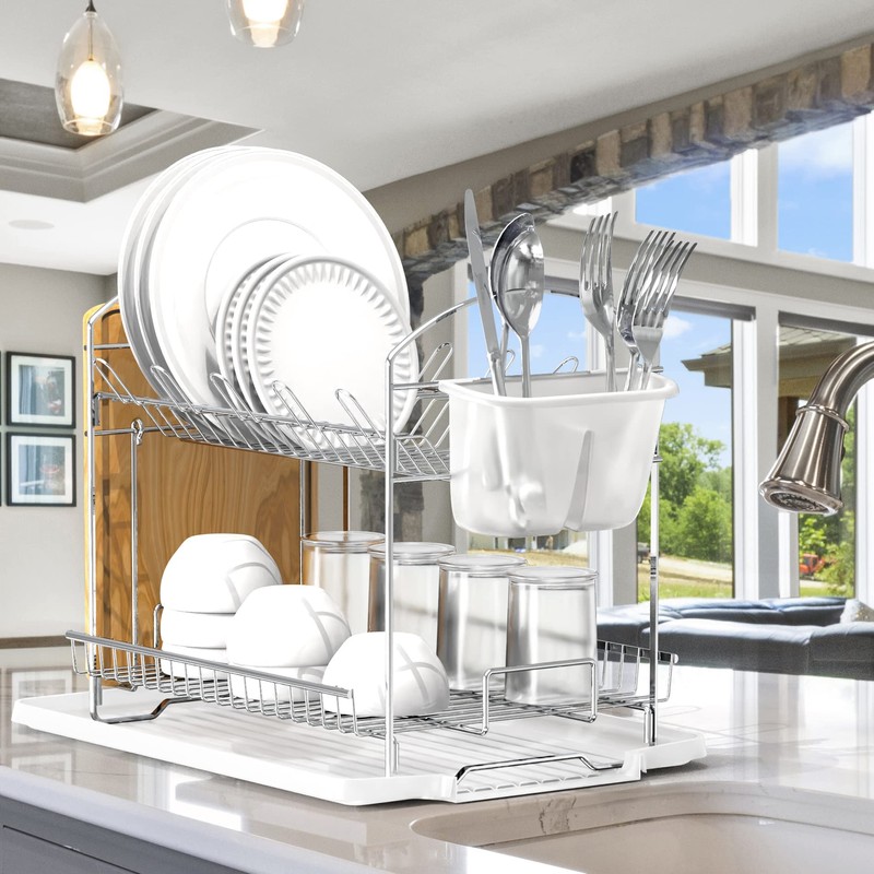 Simple Houseware 2-Tier Stainless Steel Dish Rack with Drainboard, Chrome