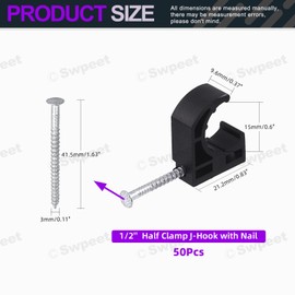 Swpeet 50Pcs Black Color Half Clamp J-Hook with Nail Assortment Kit, Plastic Small J Clamps Half Clamp Fixture, Cable Tacks Pex Hangers Ideal for 1/2" PEX Tubing Pipe Support