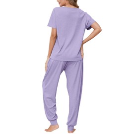 Artfasion Womens Pajamas Lounge Set: Short Sleeve Sleepwear and Long Pj Pant 2 Piece Soft Casual Ladies Pjs with Pockets for Mom Wife Daughter Vacation (Purple L)