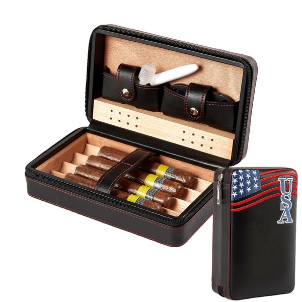 WANTHER Cigar Humidors, Black Embroidery Portable Humidor for Travel and Men's Gifts, Cedar Wood Leather Cigar Accessories with 6 Set（Cigar Cutter*2, Ashtray, Cleaning Pen,Towel）