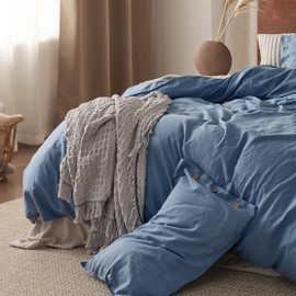 Bedsure Linen Duvet Cover King Size - Linen Cotton Blend Bedding Set, Soft & Cozy, 3 Pieces, 1 Duvet Cover 104x90 and 2 Pillowcases, Foggy Blue Color Cooling Bedding, Comforter Sold Separately
