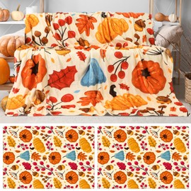 Fanfanwin 2 Pcs Large Fall Throw Blankets Autumn Orange Pumpkins Maple Leaf Soft Warm Plush Fleece Thanksgiving Cozy Lightweight Flannel Blankets for Living Room Couch Bed Chair Dorm Outdoor, 60"x80"