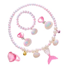 Tasttin Aged 4-8 Girls Mermaid Jewelry Set Includes Pearl Necklace, Bracelet, Ring, and Earrings, Perfect for Dress-Up, Party, or Daily Wear for Birthdays, Holidays, or School Gifts(Pink)