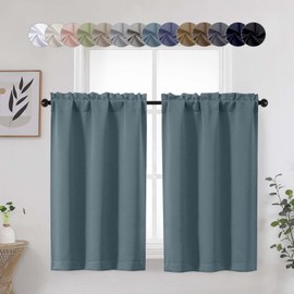 WelvetBLK Stone Blue Kitchen Blackout Curtains for Bedroom Living Room 45 Inch Length 2 Panels, Soft Solid Insulated Short Room Darkening Curtains, Modern Rod Pocket Drapes, Stone Blue, Each 30"Wx45"L