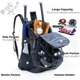 VIGEGARI | Baseball Bag Softball Bat Bag - Baseball Backpack Adult with Gear Klip To Hold Baseball Glove, Baseball Essential Gear - Youth Baseball Bag for Boys, Girls, Baseball Accessories