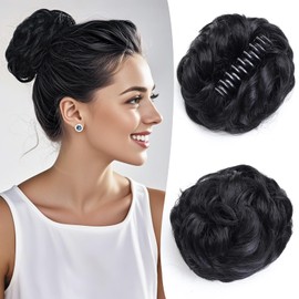 Cesomeey Messy Bun Hair Piece, Wavy Curly Claw Clip Messy Bun Hair Clip, Synthetic Fake Messy Bun Hair Extensions, Soft Claw Clip Ponytail Hairpieces for Women (1B#-Black, 1 Count (Pack of 1))