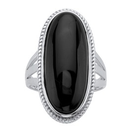 PalmBeach Sterling Silver Oval Shaped Natural Black Onyx Spllit Shank Ring Sizes 6-12 Size 6