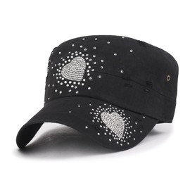 ililily Crystal Gemstone Stud Flower Vintage Cotton Military Army Hat Short Brimmed Cadet Cap (Medium, Black-Heart)