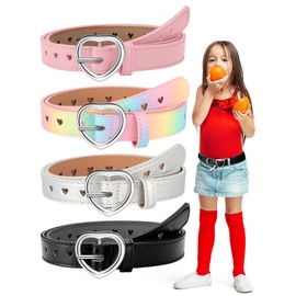 Newcotte 4 Pcs Girls Belt Size 6-12 Kids PU Leather Waist Belt Hollow Heart Design Metal Buckle for Girl Dress Pants Jeans (Black, Pink, Rainbow, Silver,Suit for Waist Size 18"-22")