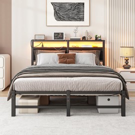 VERFARM Full Bed Frame with LED Lights Storage Headboard and USB Charging Station,Metal Platform Double Bed Frame Full Size,No Box Spring Needed,Strong Metal Slats,Noise Free,Easy Assembly,Black