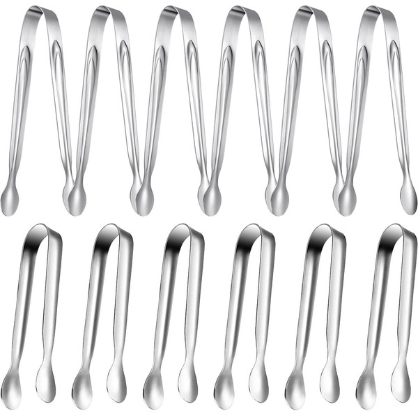 Mini Serving Tongs, 12 Pieces Small Ice Tongs Stainless Steel Sugar Tong Appetizer Tongs Bar Tongs Kitchen Tongs for Tea Party, Coffee Bar, Desserts Party and Ice Bucket (Silver,4.3 Inch, 6 Inch)
