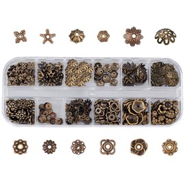 SUNNYCLUE 240 Pcs 12 Types Bead Caps Flower Seat Washers Beads Antique Gold Copper Color Alloy Beads Caps Flower Shape Chrysanthemum Hollow Cap Watermark Parts Spacer Beads Flower Charms Accessories