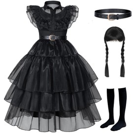 joonolu - Disfraz negro para niñas, disfraz de familia negro para niñas, Halloween, cosplay, incluye peluca (edades de 3 a 13), Negro -, 5-6 Años