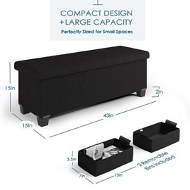 STORAGEBUD STORAGEBUD Storage Ottoman Bench with Bins, 43-in Storage Bench for Bedroom End of Bed, Folding Foot Rest Ottoman for Living Room Max 660lbs, Fabric Ottomans, Black