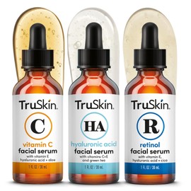 TruSkin Face Serum Trio - Vitamin C Retinol and Hyaluronic Acid Anti-Aging for AM PM All-Day Skincare Routine Brightening Smoothing Hydrating Facial 1plose each / 트루스킨 페이스 세럼 트리오 - 비타민 C 레티놀 및 히알루론산 안티에이징 포 AM PM 하루 종일 스킨케어 루틴 브라이트닝 스무딩 수분 공급 페이셜 각 1플로즈
