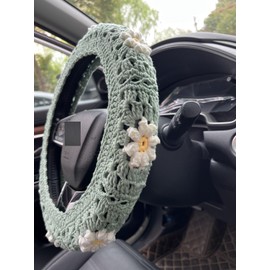 YDMZZB Crochet Daisy Car Steering Wheel Covers Sage Green Universal 14-15 inch for Women/Men (B:Steering Wheel Covers)