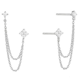 HZYKDWD Chain Earrings for Women - 925 Sterling Silver Four Zircons Flower Stud Earrings Double Studs Chain Tassel Piercing Earring 18K Gold Plated Gold Jewellery Gifts