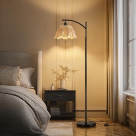 Oneach Boho Rattan Floor Lamp for Living Room, Farmhouse Standing Lamp with Hand-Woven Shade, Black Metal Base & Pole, Foot Switch - Corner Reading Lamp for Bedroom