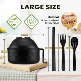 ZENGABIA Ramen Bowl Set, 33oz Wheat Fiber Instant Noodle Bowl with Strainer Lid, Ramen Noodle Bowls Microwavable Cooker with Chopsticks Spoon Fork for College Dorm Apartment Office, Black