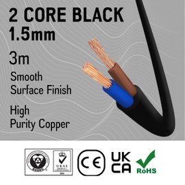 Primes DIY 2 Core Round Black Flex Flexible Cable, stranded electrical copper wire, Insulated Flexible PVC Wire, Stranded Wire High Temperature Resistance, 3182Y BASEC Approved 1.5mm(3 Meter)