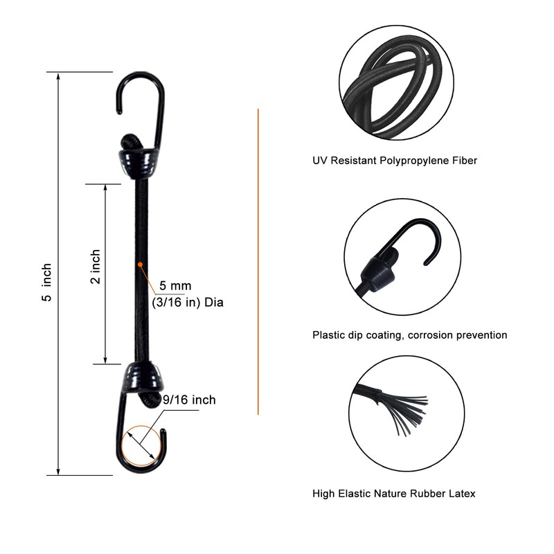 Joneaz Mini Bungee Cord with Hooks 2 Inch, Plastic Coated,