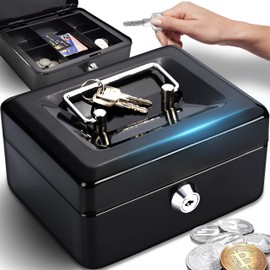 Retoo Lockable Cash Box 15 x 12 x 8 cm with Coin Insert and 2 Keys Made of Powder-Coated Steel, Fire Protection Box with Retractable Handle and Security Cylinder Lock (Black)