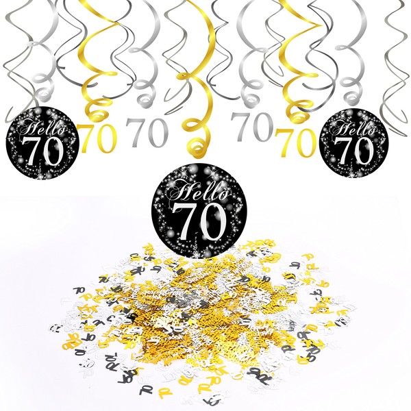 Konsait 70. Geburtstag Dekoration, 70. Geburtstags Spirale Deko schwarz und Gold (15 Grafen), Happy Birthday & Zahl 70 Konfetti (1.05 oz), 70 Jahre alt Party Dekorationen