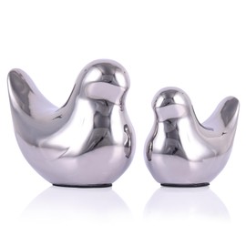 oliruim Ceramic Silver Birds Decor Figurines 2-Piece Set - Minimalist Bird Decor for Living Room Table, Floating Shelf, Bathroom Knick Knacks, Gifts for Animal Lovers (Silver, 3.7" H)