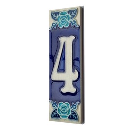 Phosphorescent Hand Painted Italian Ceramic Number & Letter Tiles Rose Design House Numbers Tiles Size 15cm x 5cm (Number 4)