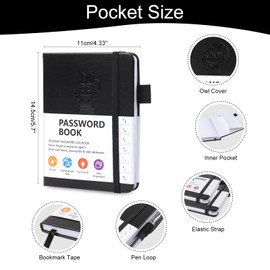 A6 Password Book Alphabetical with Tabs, Owl Cover Password Book for Seniors for Computer Websites and Internet Password Management(Black)