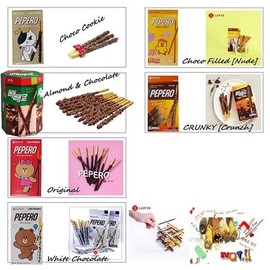 LOTTE Pepero Chocolate Stick 6 Flavors Combo - Original, Choco Cookie, Almond, Choco Fill(Nude), White, & Crunchy