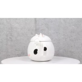 Ebros Gift Whimsical White Chubby Feline Kitty Cat Cup Mug With Lid And Stirring Spoon