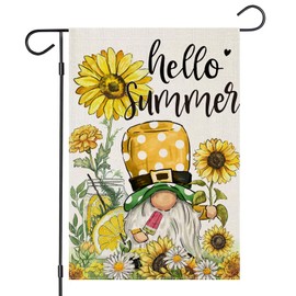 EKOREST Hello Summer Garden Flags for Outside, Watercolor Gnome with Sunflowers Small Seasonal Decoration for Farmhouse Holiday Yard Outdoor Decor 12x18 Inch Double Sided