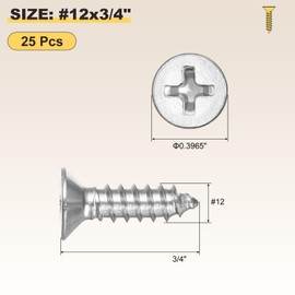 METALLIXITY Countersunk Phillips Wood Screw (#12x3/4) 25Pcs, 304 Stainless Steel Coarse Thread Phillips Drive Flat Head Wood Screws - for Furniture Installation Repair, Silver
