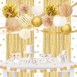 NICROHOME EUR White Gold Party Decorations, 22 PCS Champagne Tissue Paper Pom Poms Lanterns Streamers Confetti Set for Wedding Birthday Baby Shower Bridal Shower Prom Festival Decor