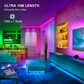 Mexllex LED Strip 15M(1Rolle), Bluetooth LED Streifen RGB LED Lichterkette Licht mit Fernbedienung und App,16 Mio. Farben, Fernbedienung, Sync mit Musik, Beleuchtung Leiste Band fr Schrankdeko, Zuhause