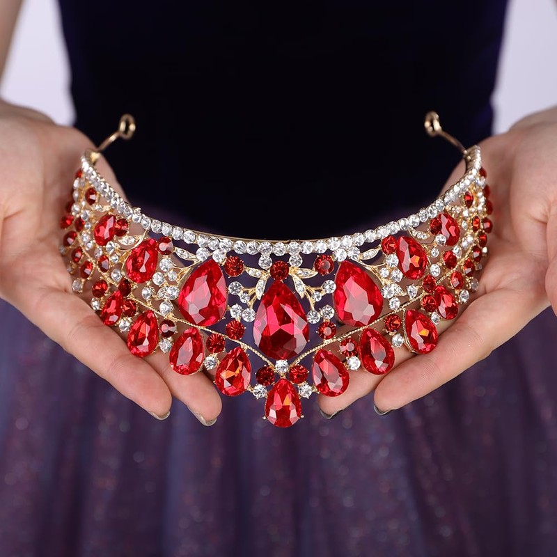 Teyglen Red Crystal Queen Crown Headband Rhinestone Princess Tiara for