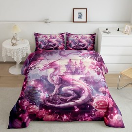 Manfei Dragon Kids Comforter Set Twin Size,Tale Castle Dragon Theme Bedding Set,Girls Boys Room Decor,Roses Flowers Butterfly Romantic Down Comforter,Pink Dreamy Duvet Insert,1 Pillowcase