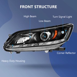 ECCPP Headlight Assembly Pair For Honda For Accord Sedan 4Dr 2013-2015 Black Housing Amber Reflector Clear Lens Driver and Passenger Side Headlamps