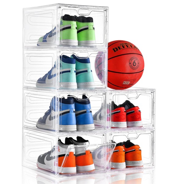 Aliscatre 6 Pack Shoe Storage Box Clear Plastic Stackable, Shoe Box with Magnetic Door, Shoe Organizer and Shoe Containers For Sneaker Storage, Fit up to US Size 12(13.4"x 9.8"x 7.1")