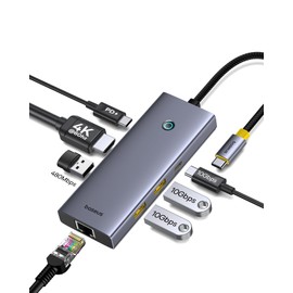 Baseus USB-C Hub 7-in-1 4K (60Hz) HDMI Hub 10Gbps High Speed Data Transfer x 3 Port Expansion LAN 1Gbps Ethernet Unique Screen Off Button Function USB 3.1 PD100W Fast Charging Compatible with Macbook